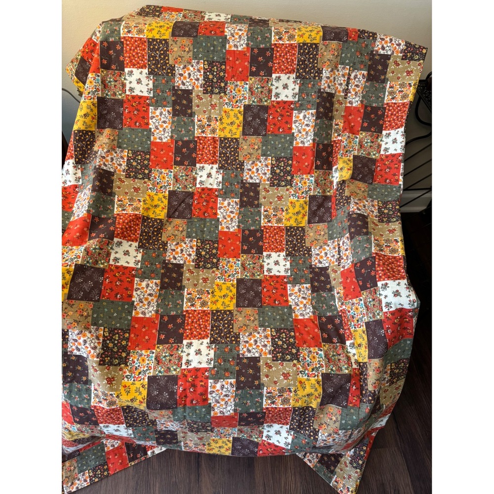 Vintage Patchwork Cotton Shower & Window Curtain Set Floral 70s Calico Pront - Picture 6 of 12